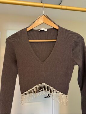 Zara Brown V-Neck Cropped Sweater with Rhinestone Fringe